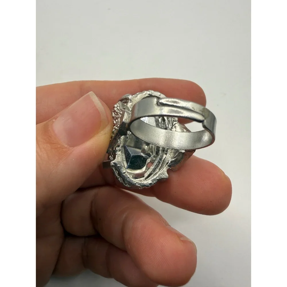 Large Oval Clear Crystal Statement Cocktail Ring‎ Silver Tone Adjustable Band